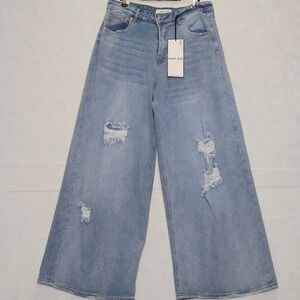 Almost Famous Baggy Jean Distressed Light Wash Wide Leg Denim Pants Size 11 FLAW